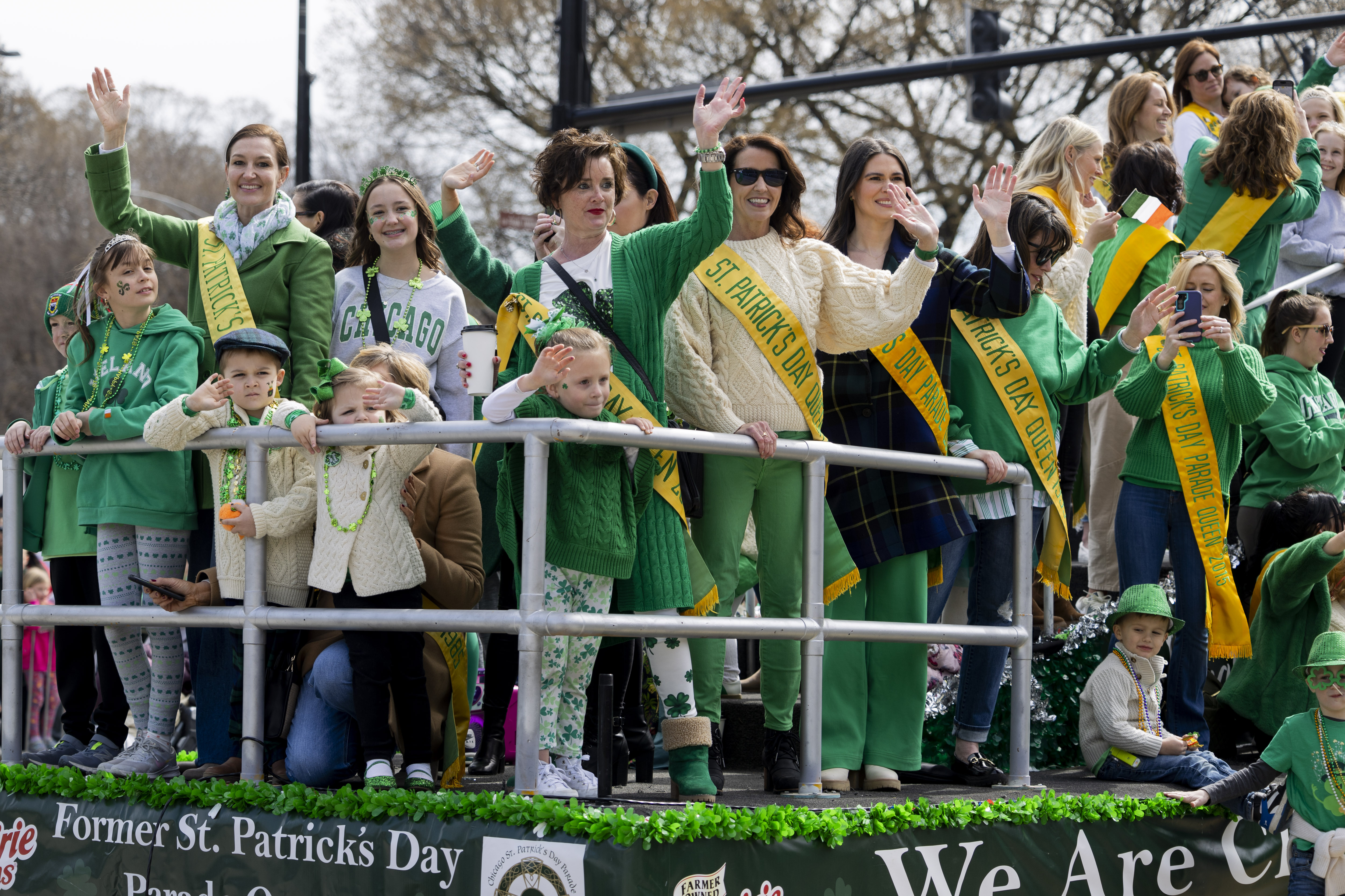 Former St. Patricks Day Parade Queens wave from a float during the annual St. Patrick's Day Parade, March 16, 2024, in Chicago. (Vincent Alban/Chicago Tribune)