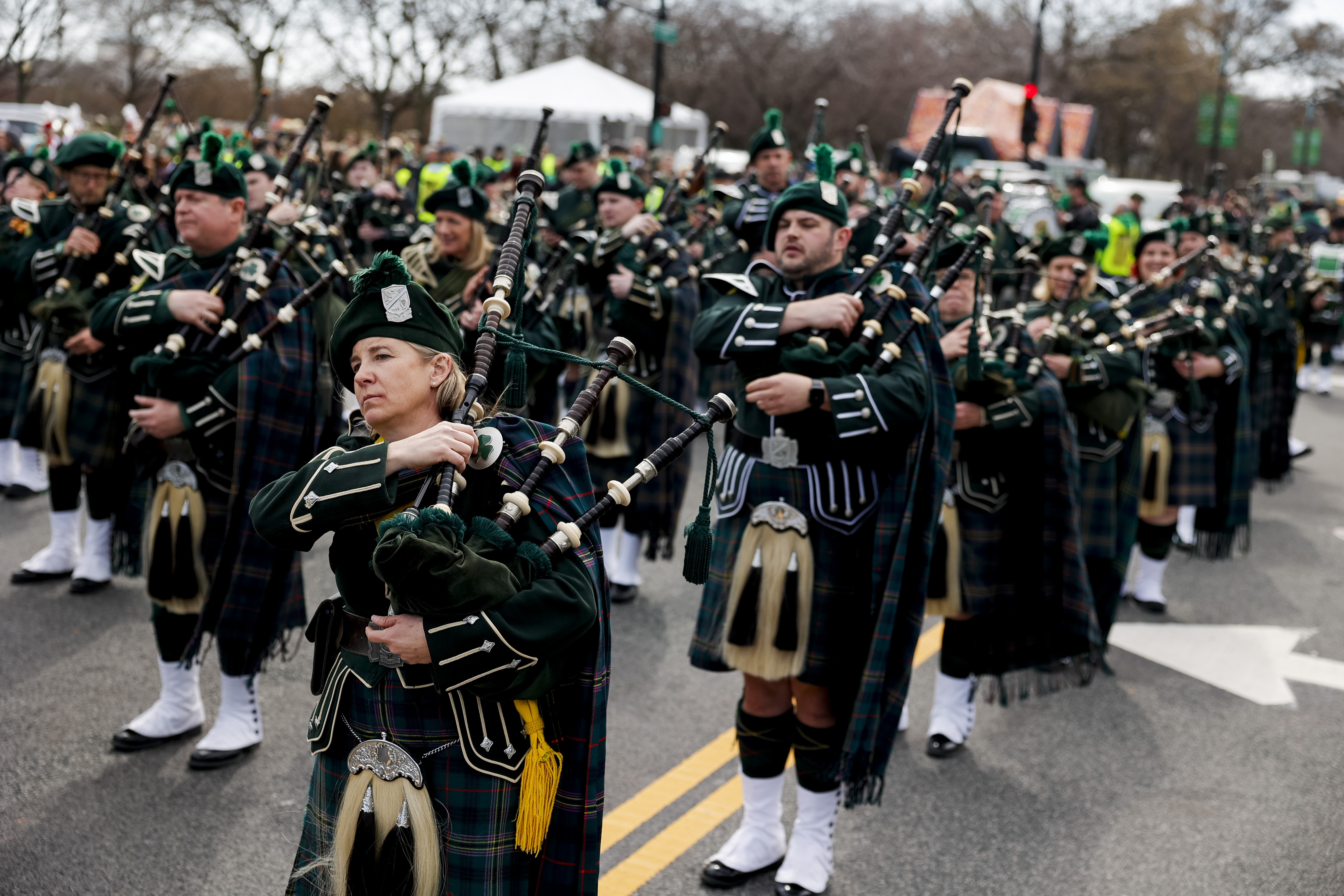 Megan Fastabend, of the Shannon Rovers, waits for the start of the annual St. Patrick's Day Parade on March 16, 2024, in Chicago. (Vincent Alban/Chicago Tribune)