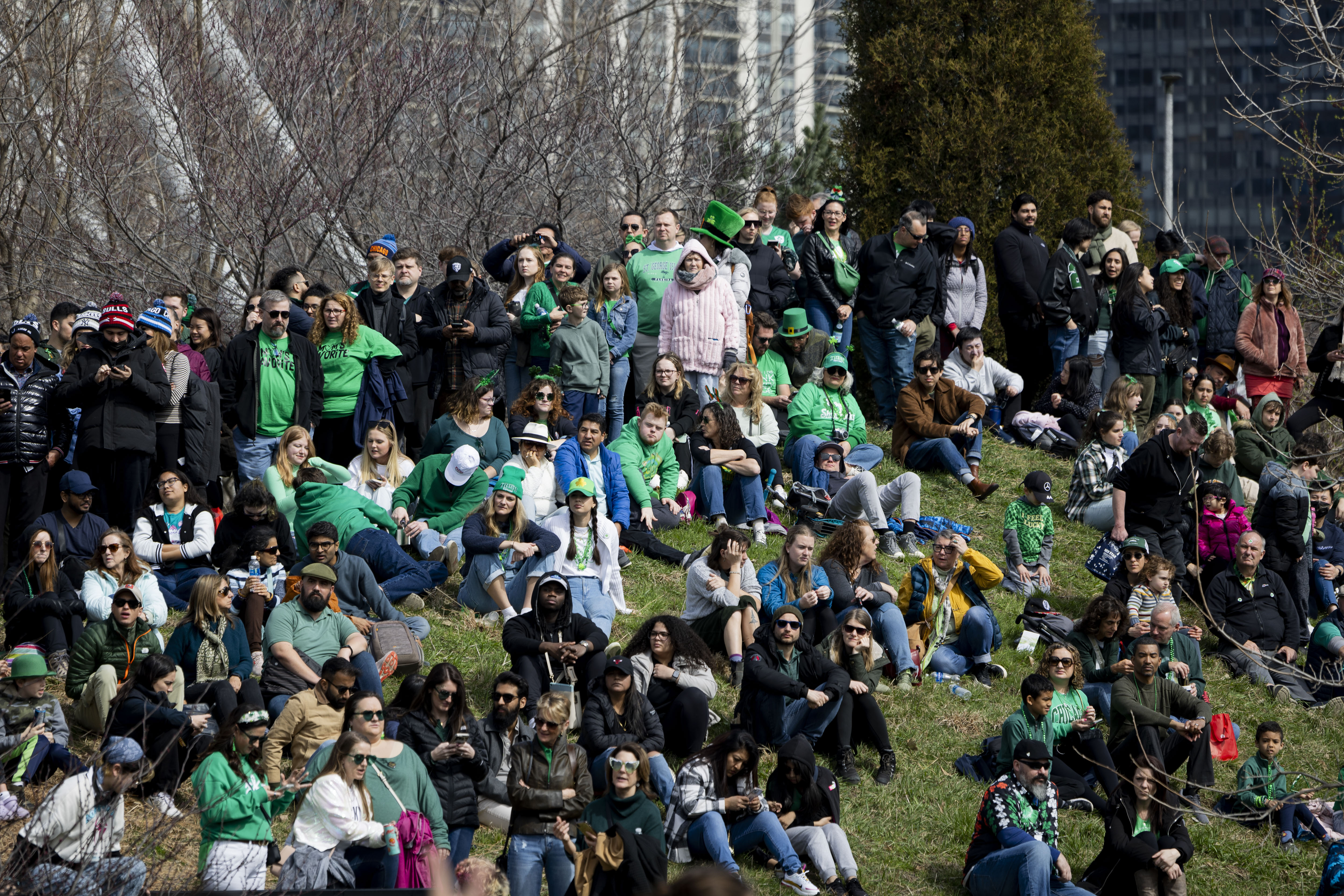 Spectators watch the annual St. Patrick's Day Parade on March 16, 2024, in Chicago. (Vincent Alban/Chicago Tribune)