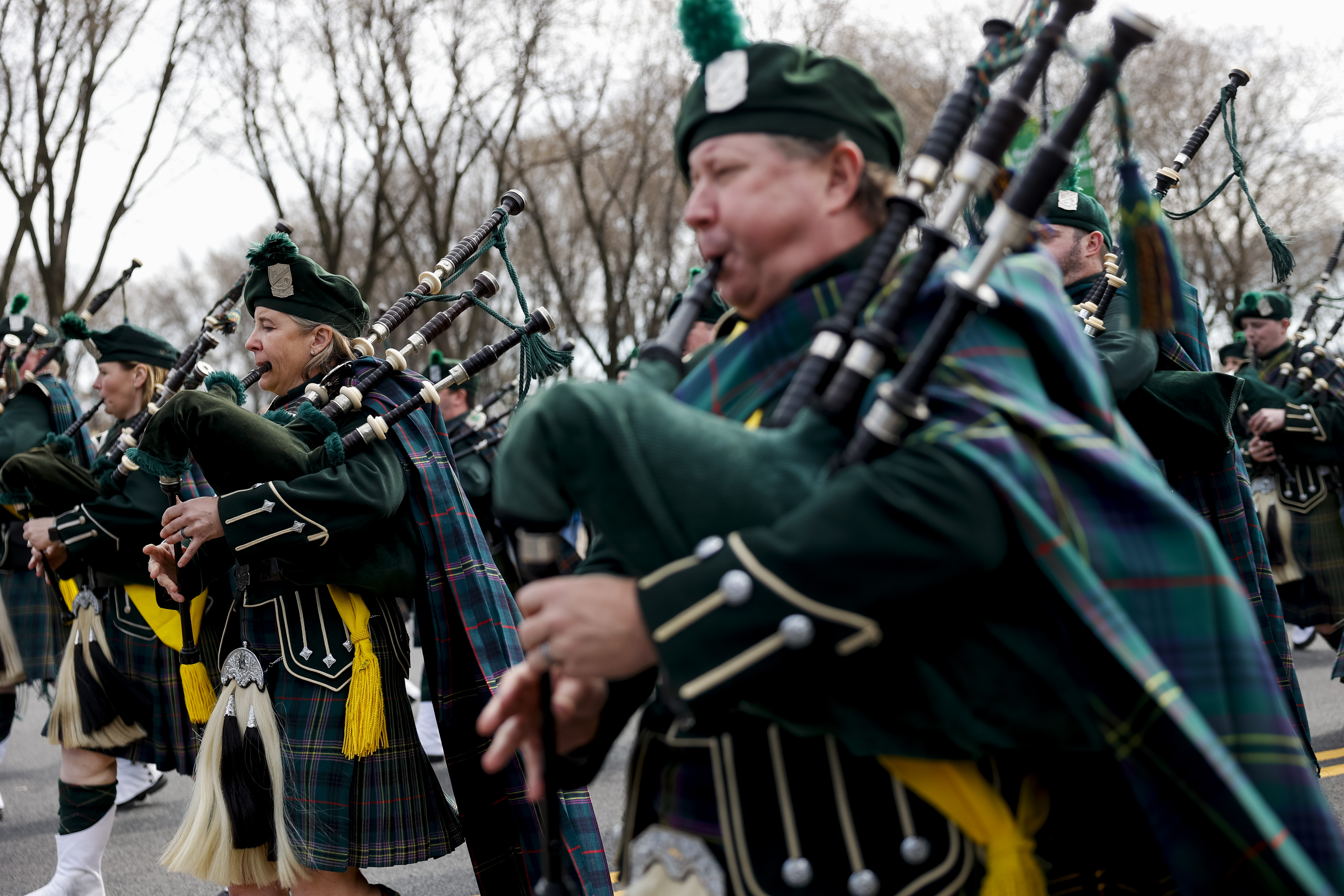 Members of the Shannon Rovers play the bagpipes during the annual St. Patrick's Day Parade on March 16, 2024, on in Chicago. (Vincent Alban/Chicago Tribune)