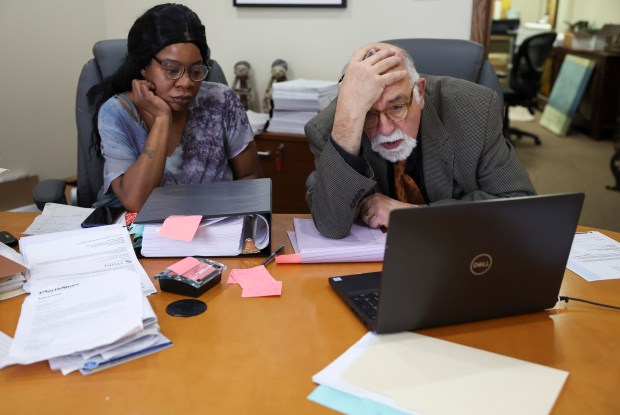 Jed Stone, Kiana Kelly's attorney, disagrees with the hearing officer while attending an Illinois State Board of Education due process hearing regarding Kelly's daughter Ke'Asia via Zoom in Stone's office in Waukegan on Tuesday, Feb. 6, 2024. (Eileen T. Meslar/Chicago Tribune)