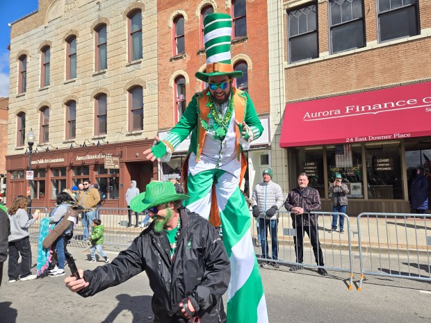 Jason Kollum, of Niles, was on stilts for the St. Patrick's Day parade in downtown Aurora on Sunday where he greeted people and posed for photos, including one with J.C. Green of North Aurora, who is sporting a green beard. (Gloria Casas / For The Beacon-News)