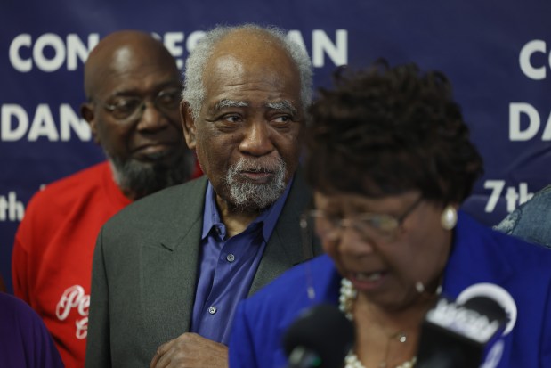 U.S. Rep. Danny Davis, center, listens as Louverta Hurt, a retired Chicago Public Schools teacher and administrator, speaks in support of Davis during a press conference at his campaign office on Saturday, March 16, 2024, in Chicago. Davis held the press conference with supporters who object to the Chicago Teachers Union endorsement of Melissa Conyears-Ervin, who is running against Davis in the March 19 Democratic primary for the 7th Congressional District. (John J. Kim/Chicago Tribune)