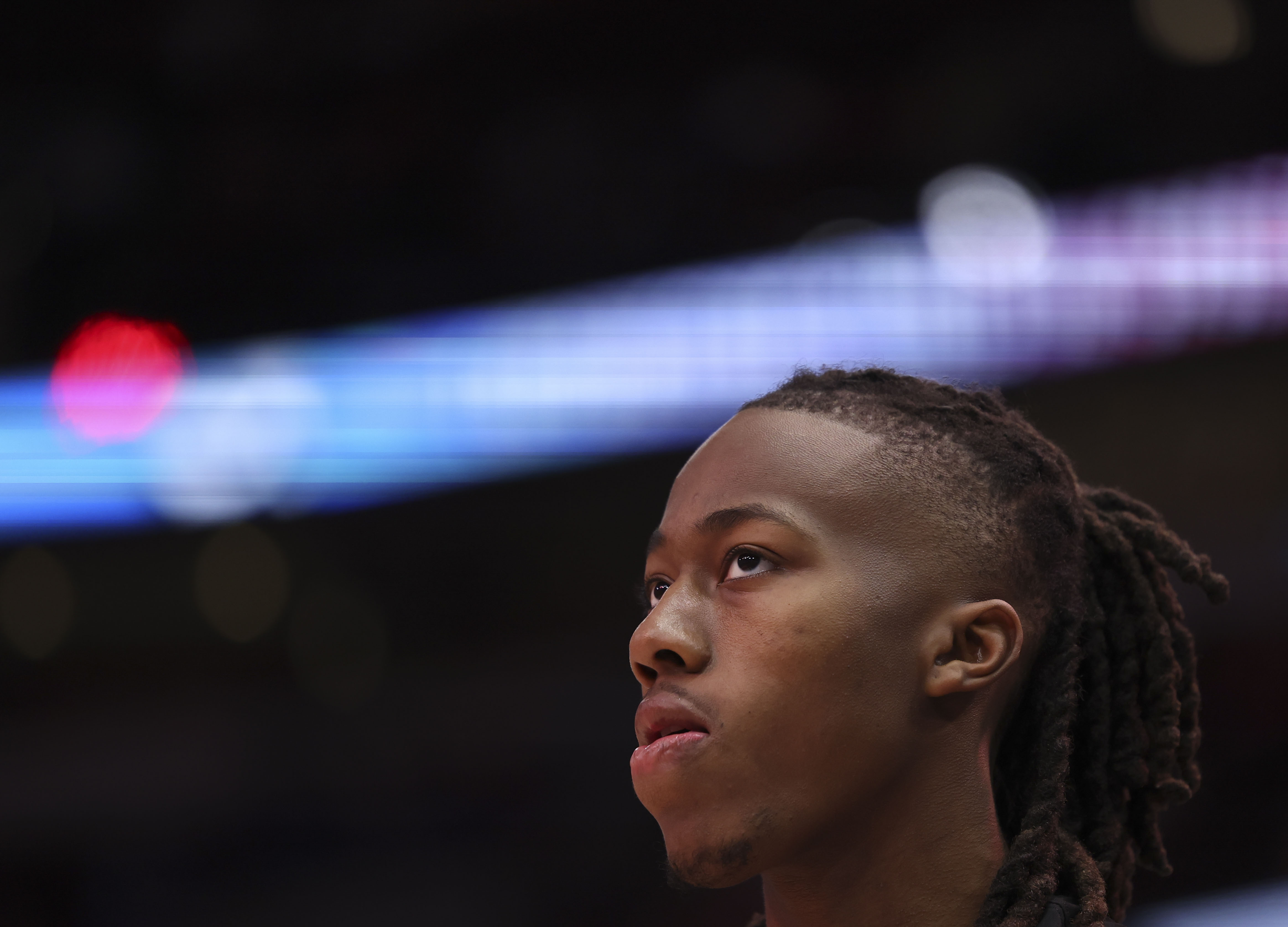 Chicago Bulls guard Ayo Dosunmu (12) warms up Monday, March 18, 2024, at the United Center. (Brian Cassella/Chicago Tribune)