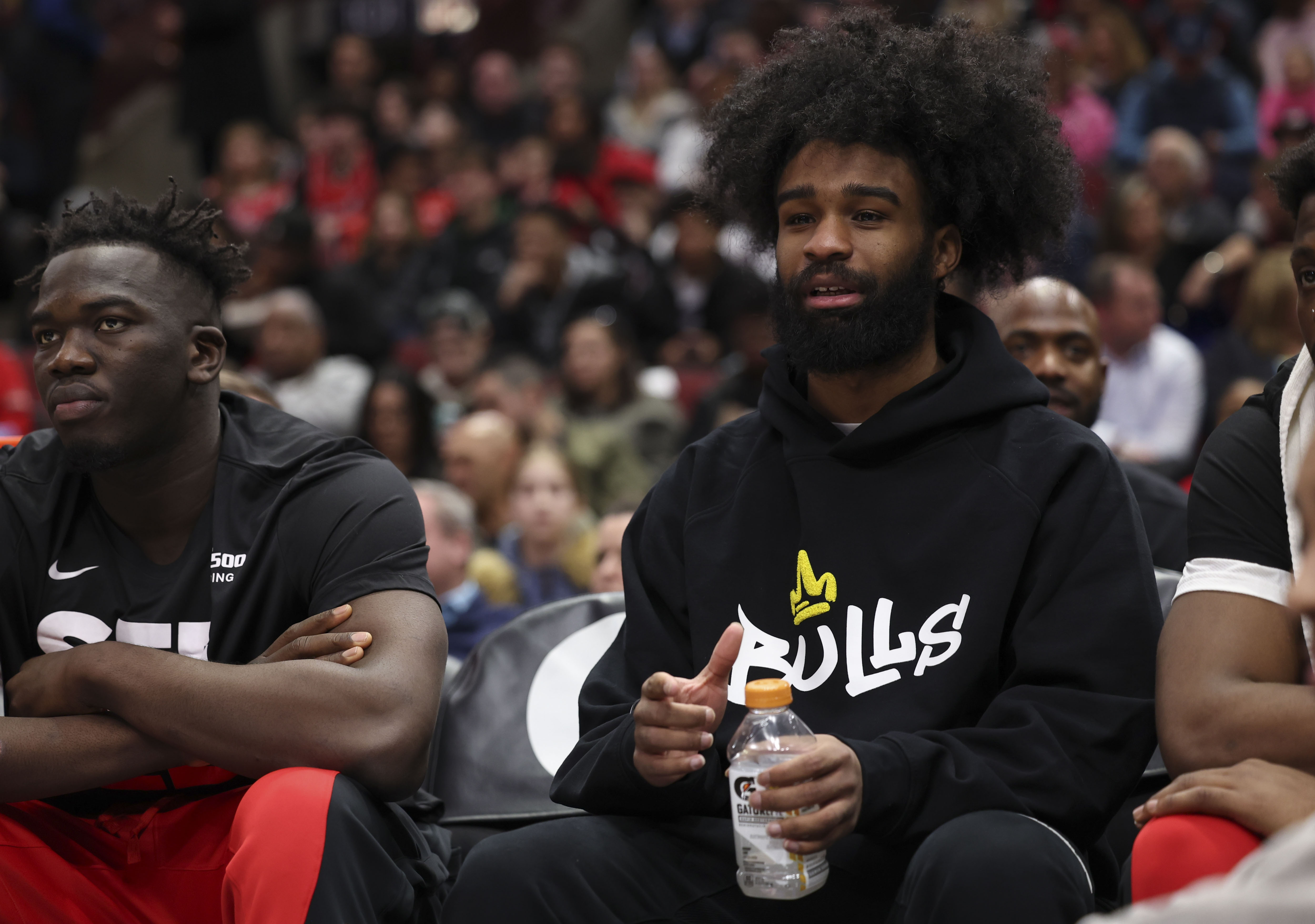 Chicago Bulls guard Coby White watches the first half from the bench Monday, March 18, 2024, at the United Center. (Brian Cassella/Chicago Tribune)