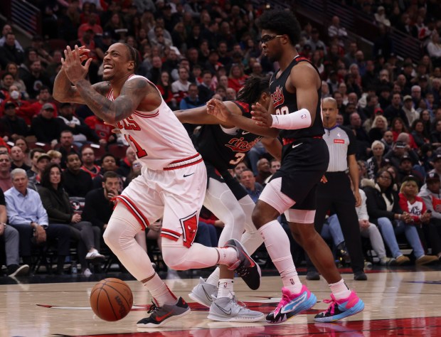 Chicago Bulls forward DeMar DeRozan (11) reacts as he's fouled by the Portland Trail Blazers in the first half Monday, March 18, 2024, at the United Center. (Brian Cassella/Chicago Tribune)