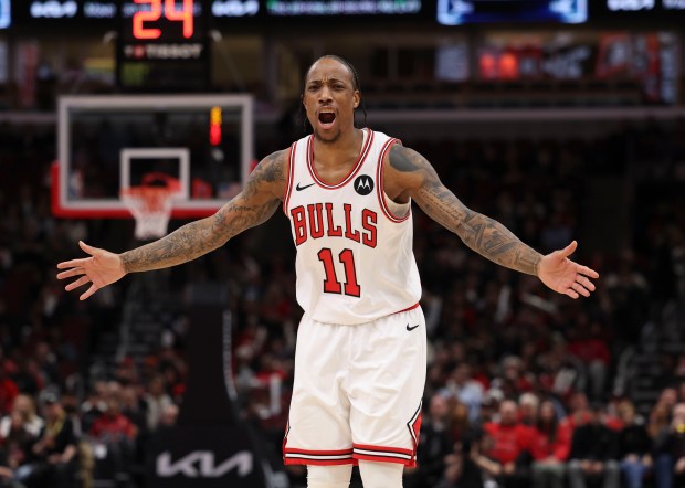 Chicago Bulls forward DeMar DeRozan (11) complains about a call in the first half Monday, March 18, 2024, at the United Center. (Brian Cassella/Chicago Tribune)