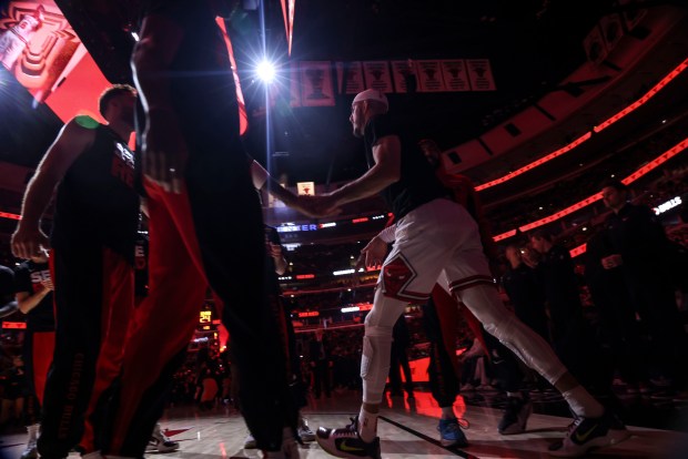 Chicago Bulls guard Alex Caruso (6) takes the court to face the Portland Trail Blazers on Monday, March 18, 2024, at the United Center. (Brian Cassella/Chicago Tribune)