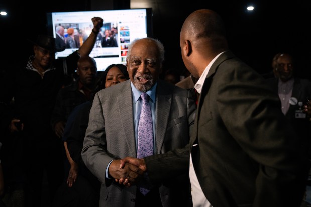 U.S. Rep. Danny Davis declares victory to claim his 15th term during his election night party at the Westside Baptist Ministers Conference Center on March 19, 2024, in Chicago. (E. Jason Wambsgans/Chicago Tribune)