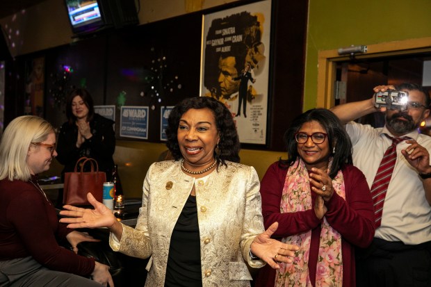 Joy Cunningham reacts to a room full of supporters after winning her Democratic primary election for the 1st District State Supreme Court seat on Tuesday, March 19, 2024, in Chicago. (Vincent D. Johnson/for the Chicago Tribune)
