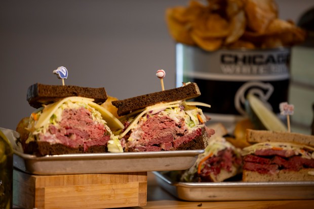 The Homerun sandwich with Vienna corned beef, roast beef, coleslaw, Swiss cheese and Louie dressing on pumpernickel available at the Huntington Bank Stadium Club as the White Sox preview new food offerings Thursday, March 21, 2024, at Guaranteed Rate Field. (Brian Cassella/Chicago Tribune)