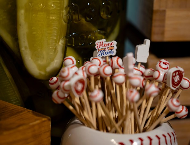 Baseball-themed skewers as the White Sox preview new food offerings Thursday, March 21, 2024, at Guaranteed Rate Field. (Brian Cassella/Chicago Tribune)