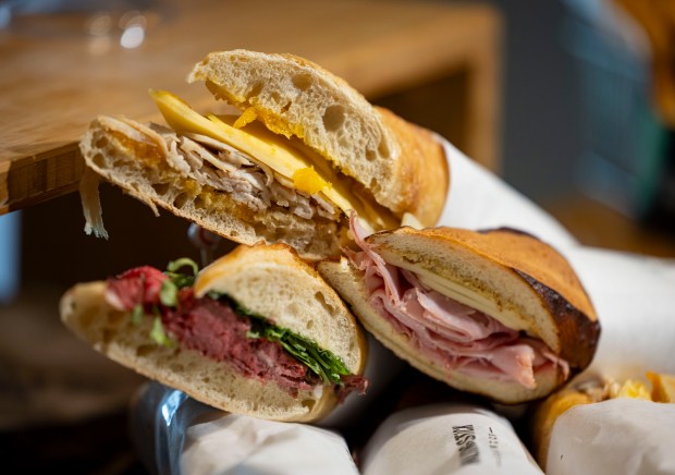 The Walking Stick sandwiches feature roasted turkey with apricot ginger chutney, roast beef with horseradish aioli, or ham and Swiss with mustard butter available in the suites as the White Sox preview new food offerings Thursday, March 21, 2024, at Guaranteed Rate Field. (Brian Cassella/Chicago Tribune)