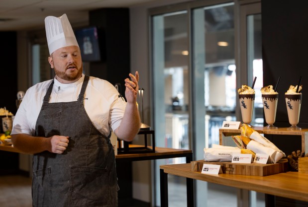 Chef Ryan Craig speaks about options in the suites as the White Sox preview new food offerings Thursday, March 21, 2024, at Guaranteed Rate Field. (Brian Cassella/Chicago Tribune)