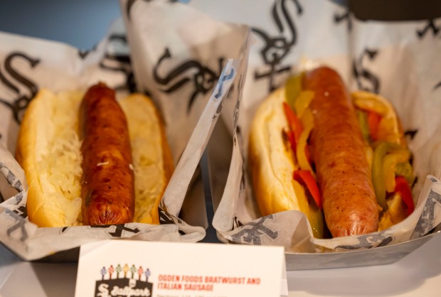 The Ogden Foods bratwurst and Italian sausage available in Sections 115, 139 and 535 as the White Sox preview new food offerings Thursday, March 21, 2024, at Guaranteed Rate Field. (Brian Cassella/Chicago Tribune)