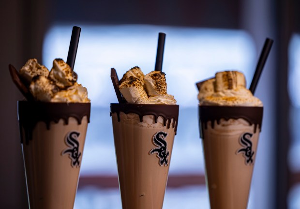 The campfire milkshake with chocolate, graham cracker and toasted marshmallow available at the Huntington Bank Stadium Club as the White Sox preview new food offerings Thursday, March 21, 2024, at Guaranteed Rate Field. (Brian Cassella/Chicago Tribune)