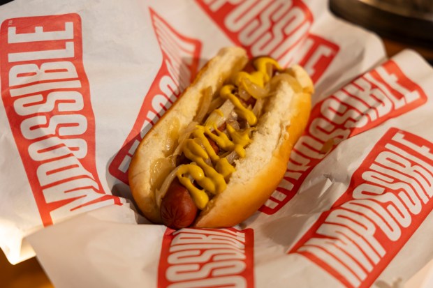 The Impossible hot dog as the White Sox preview new food offerings Thursday, March 21, 2024, at Guaranteed Rate Field. (Brian Cassella/Chicago Tribune)