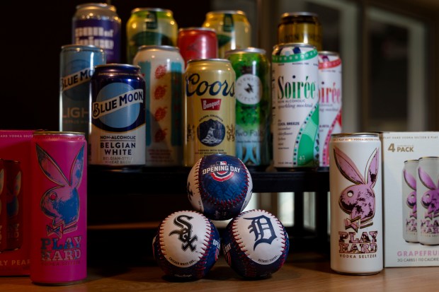 Opening Day baseballs with a selection of drinks as the White Sox preview new food offerings Thursday, March 21, 2024, at Guaranteed Rate Field. (Brian Cassella/Chicago Tribune)