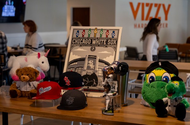 Promotional items for the season are on display as the White Sox preview new food offerings Thursday, March 21, 2024, at Guaranteed Rate Field. (Brian Cassella/Chicago Tribune)