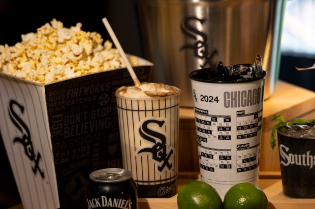 The Jack and Coke float available in sections 124, 144, 154 and 538 as the White Sox preview new food offerings Thursday, March 21, 2024, at Guaranteed Rate Field. (Brian Cassella/Chicago Tribune)