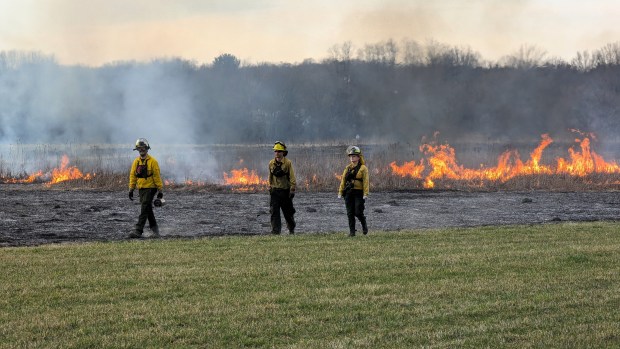 Members of the Kane County Forest Preserve District fire crew, including a photographer, walk near a still-burning portion of the controlled burn last Thursday in St. Charles. The patch still burning was lit after the majority of the fires had gone out because it was skipped over by the initial fire line. (R. Christian Smith / The Beacon-News)
