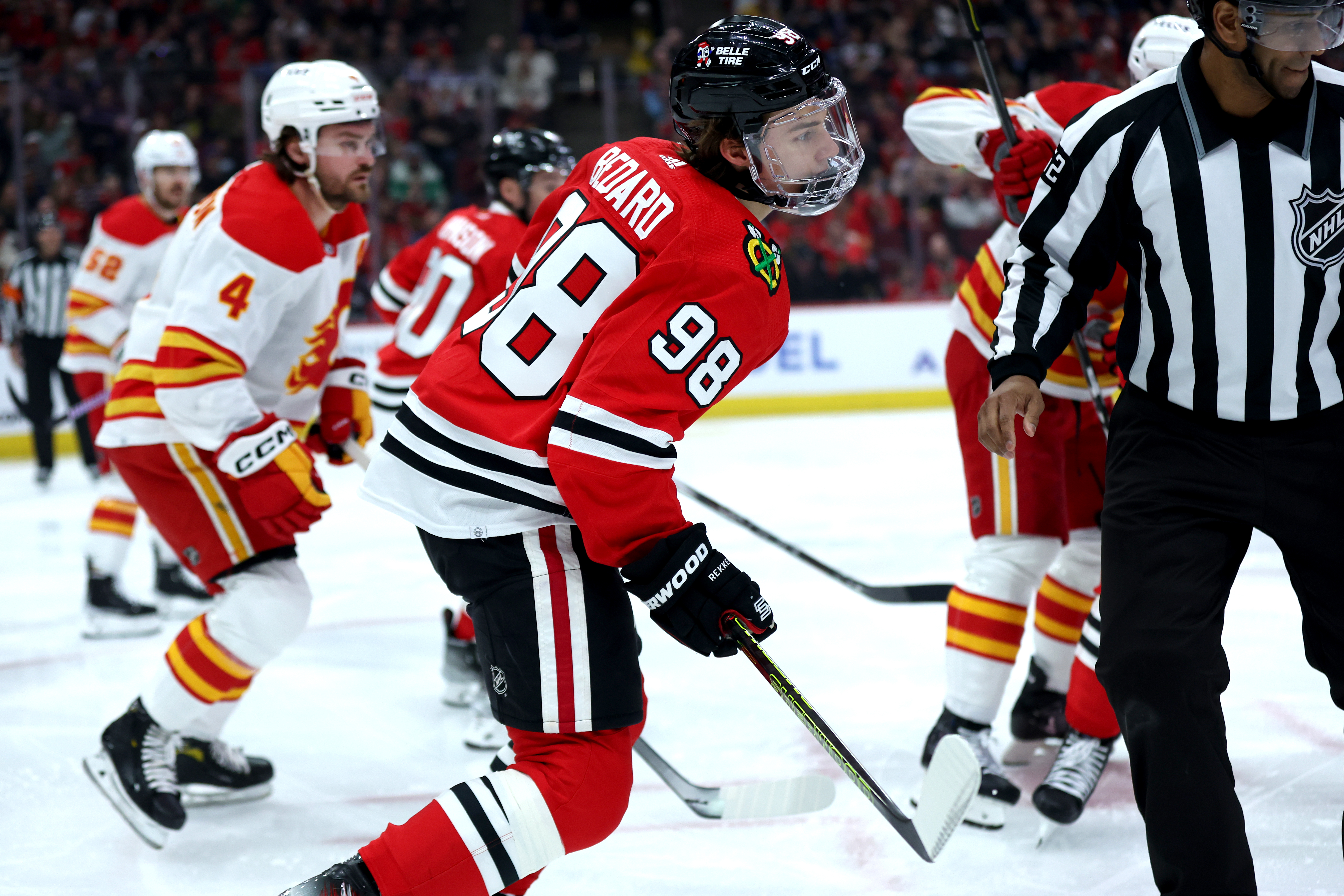 Chicago Blackhawks center Connor Bedard (98) looks down the ice in the first period of a game against the Calgary Flames at the United Center in Chicago on March 26, 2024. (Chris Sweda/Chicago Tribune)