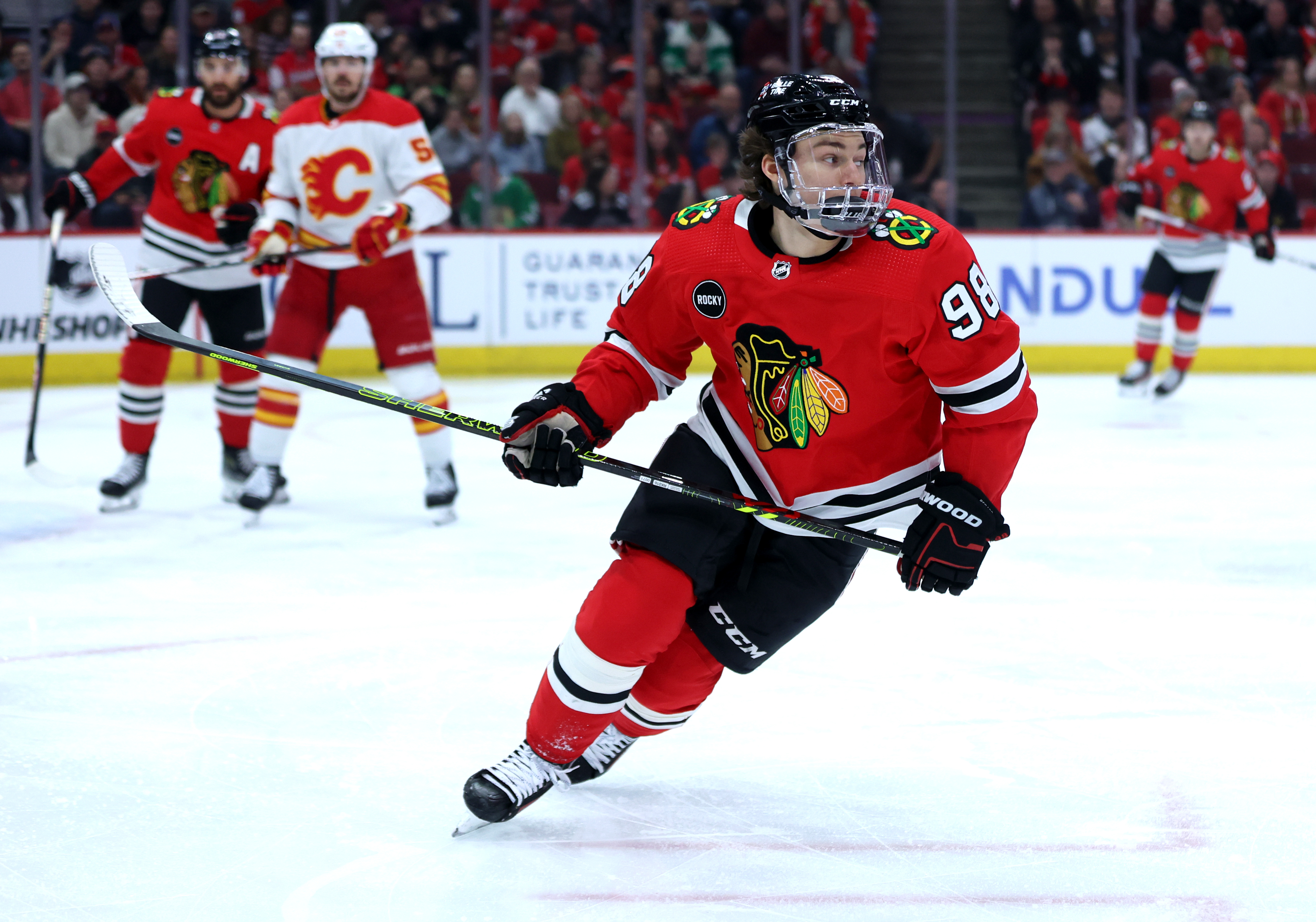 Chicago Blackhawks center Connor Bedard (98) skates down the ice in the first period of a game against the Calgary Flames at the United Center in Chicago on March 26, 2024. (Chris Sweda/Chicago Tribune)