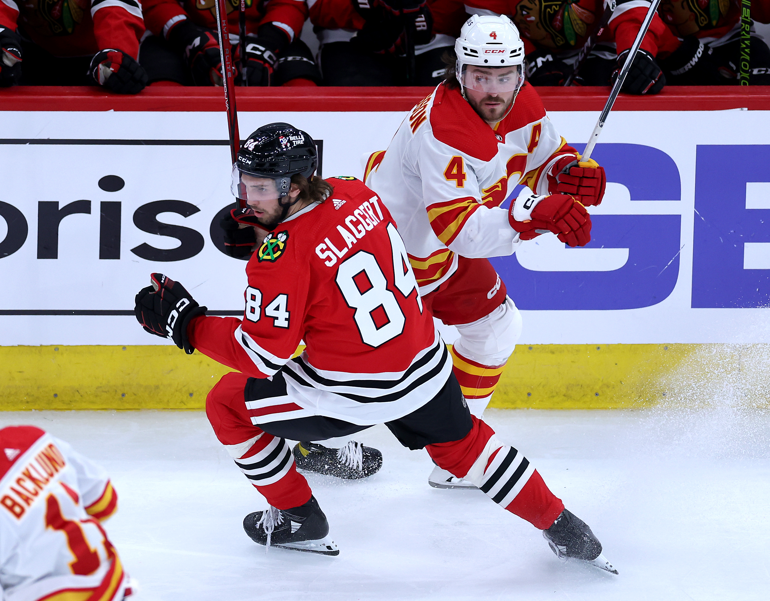 Chicago Blackhawks left wing Landon Slaggert (84) keeps his eyes on the puck in the second period of a game against the Calgary Flames at the United Center in Chicago on March 26, 2024. (Chris Sweda/Chicago Tribune)