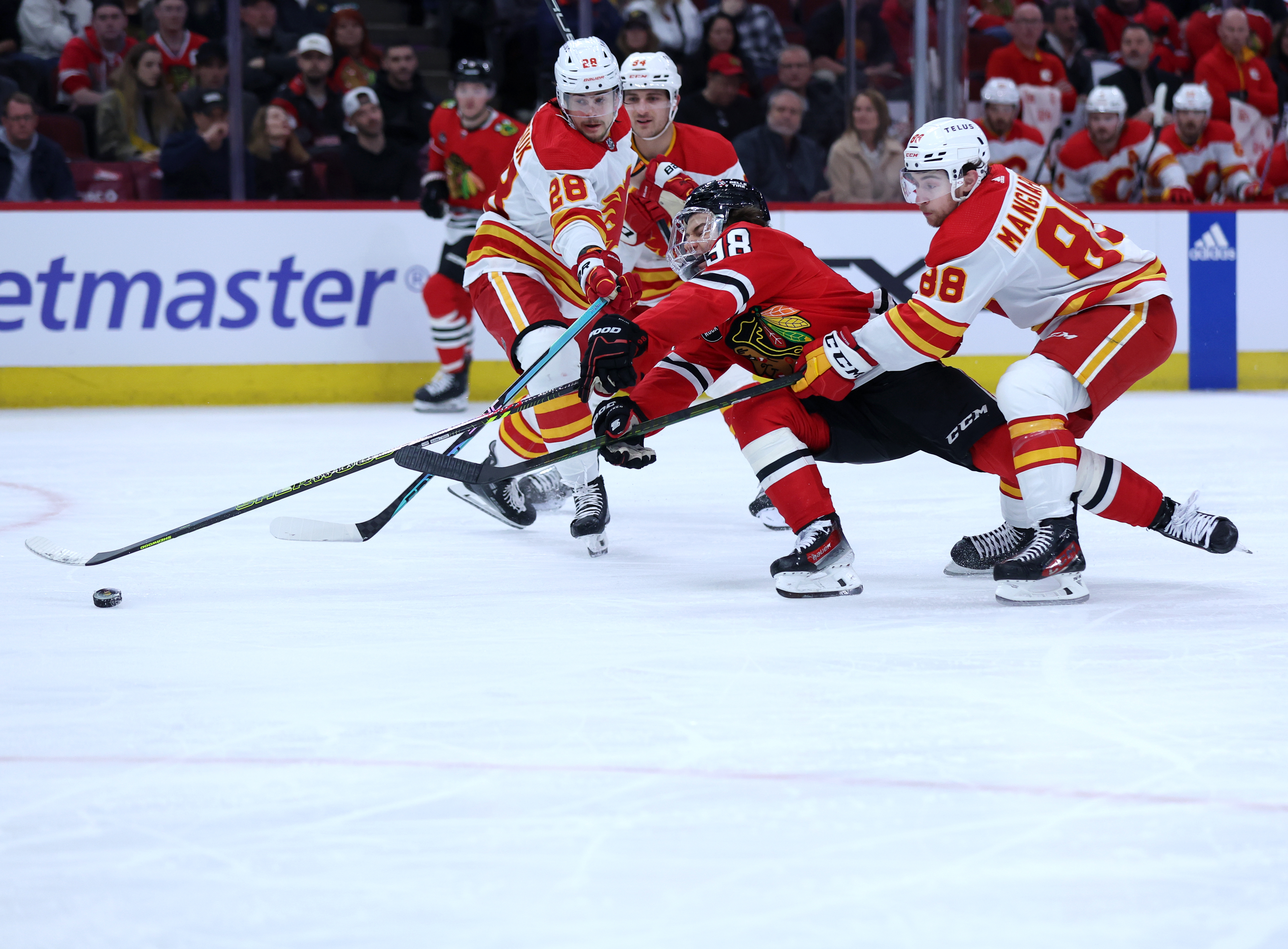 Chicago Blackhawks center Connor Bedard (98) battles Calgary Flames defenseman Nikita Okhotiuk (28) and left wing Andrew Mangiapane (88) in the first period of a game at the United Center in Chicago on March 26, 2024. (Chris Sweda/Chicago Tribune)