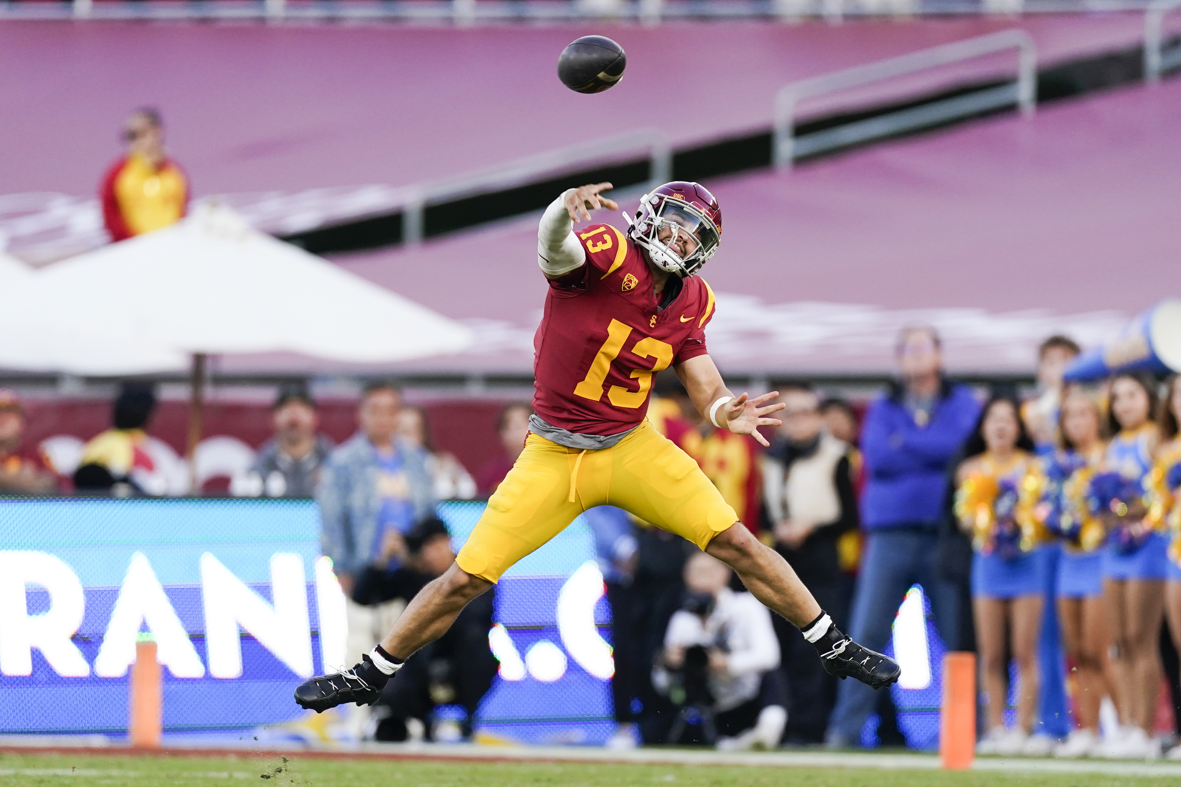 Southern California quarterback Caleb Williams throws a pass during the...