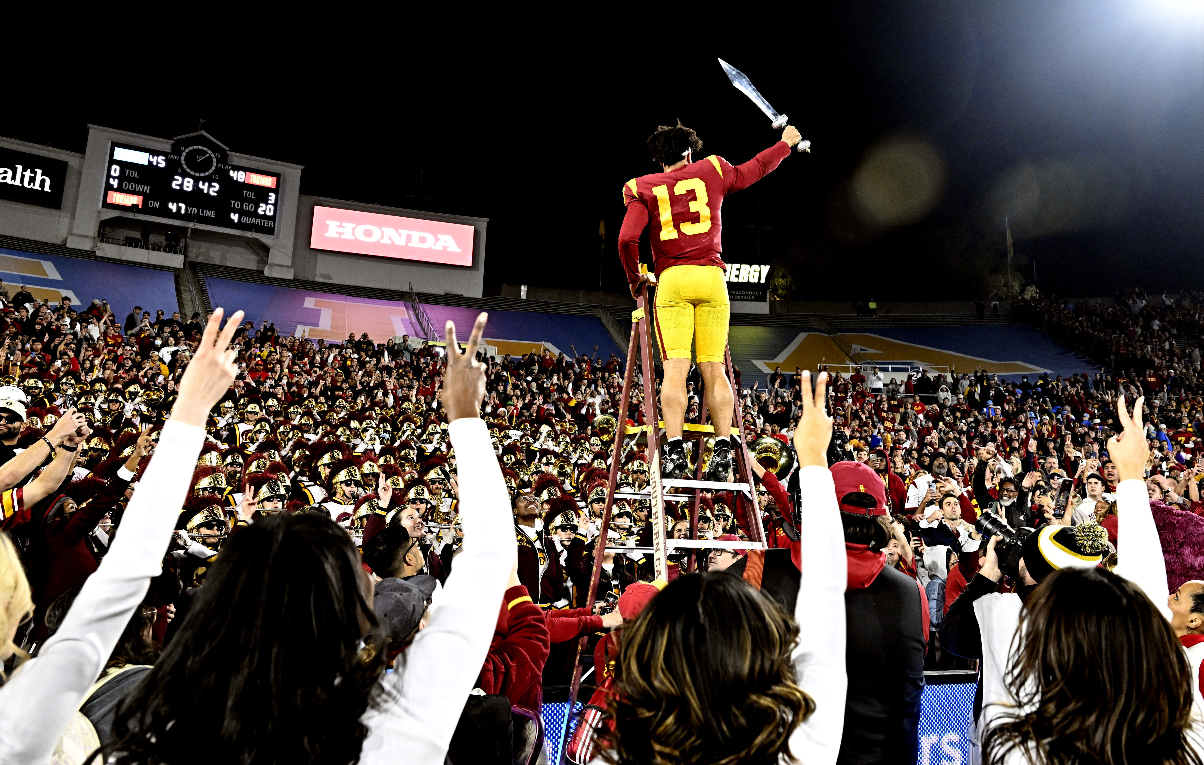 Quarterback Caleb Williams celebrates after a USC win over UCLA...