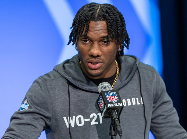 LSU's Malik Nabers speaks at the NFL combine at Lucas Oil Stadium on March 1, 2024. (Photo by Michael Hickey/Getty Images)