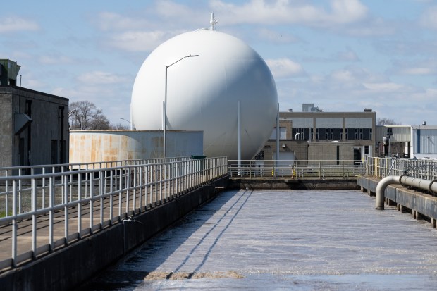 A gas storage container used to store methane from the water treatment process sits at the end of an aeration tank at the Gary Sanitary District Water Treatment Plant on Wednesday, March 27, 2024. (Kyle Telechan/for the Post-Tribune)