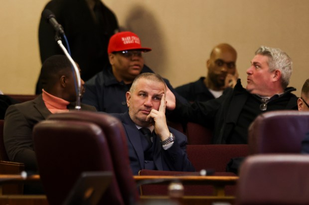 John Catanzara, president of the Chicago Fraternal Order of Police, reacts while aldermen discuss the police union arbitration deal at the City Council meeting at City Hall on Feb. 15, 2024. (Eileen T. Meslar/Chicago Tribune)