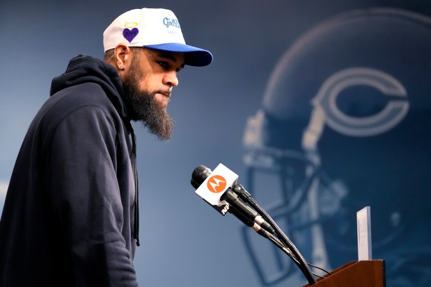 Bears wide receiver Keenan Allen is introduced at Halas Hall on March 16, 2024. (AP Photo/Nam Y. Huh)