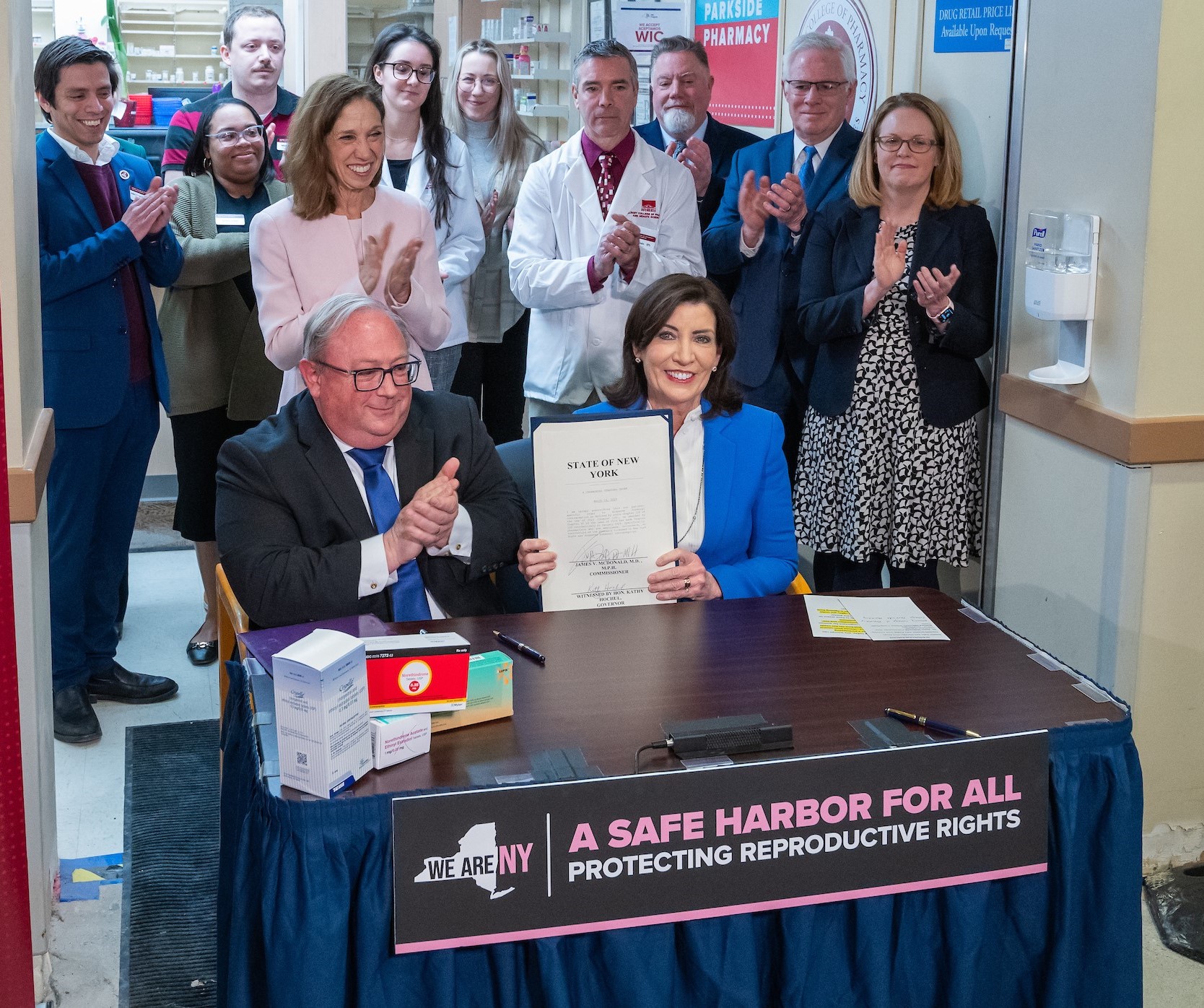 New York Gov. Kathy Hochul participates in the signing of a state health order making birth control available without a prescription, on March 19, 2024.