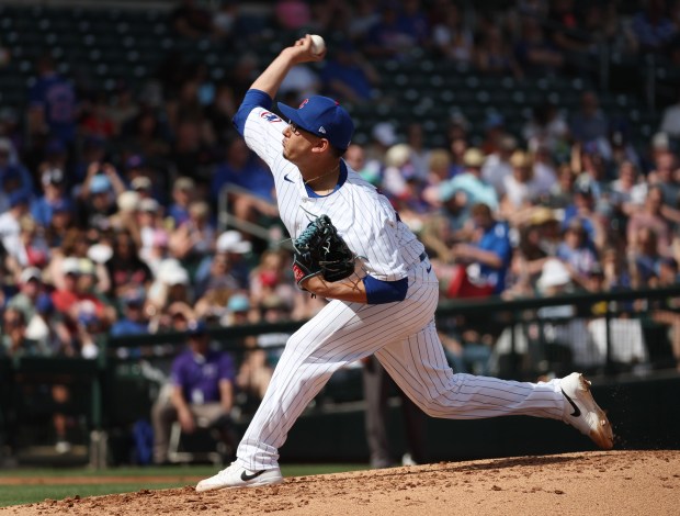 Cubs pitcher Javier Assad delivers during a Cactus League game against the Padres on Feb. 25, 2024, in Mesa, Arizona. (Stacey Wescott/Chicago Tribune)