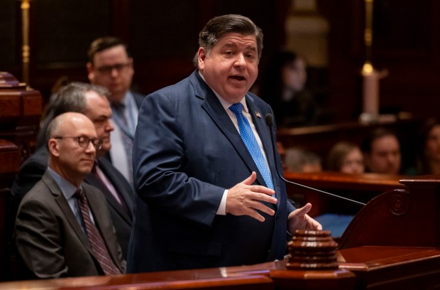 Gov. J.B. Pritzker delivers his State of the State and budget address before the General Assembly at the Illinois Capitol, on Feb. 21, 2024. (Brian Cassella/Chicago Tribune)