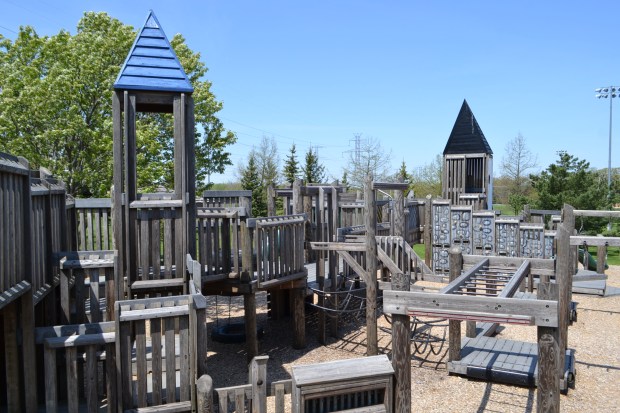 Constructed by volunteers over a week in Oct. 1999, the wooden Fort Frankfort playground at Sauk Trail and 80th Avenue in Frankfort is set for a major overhaul thanks to a $1.7 million state grant that will make it accessible to more people. (Frankfort Park District)