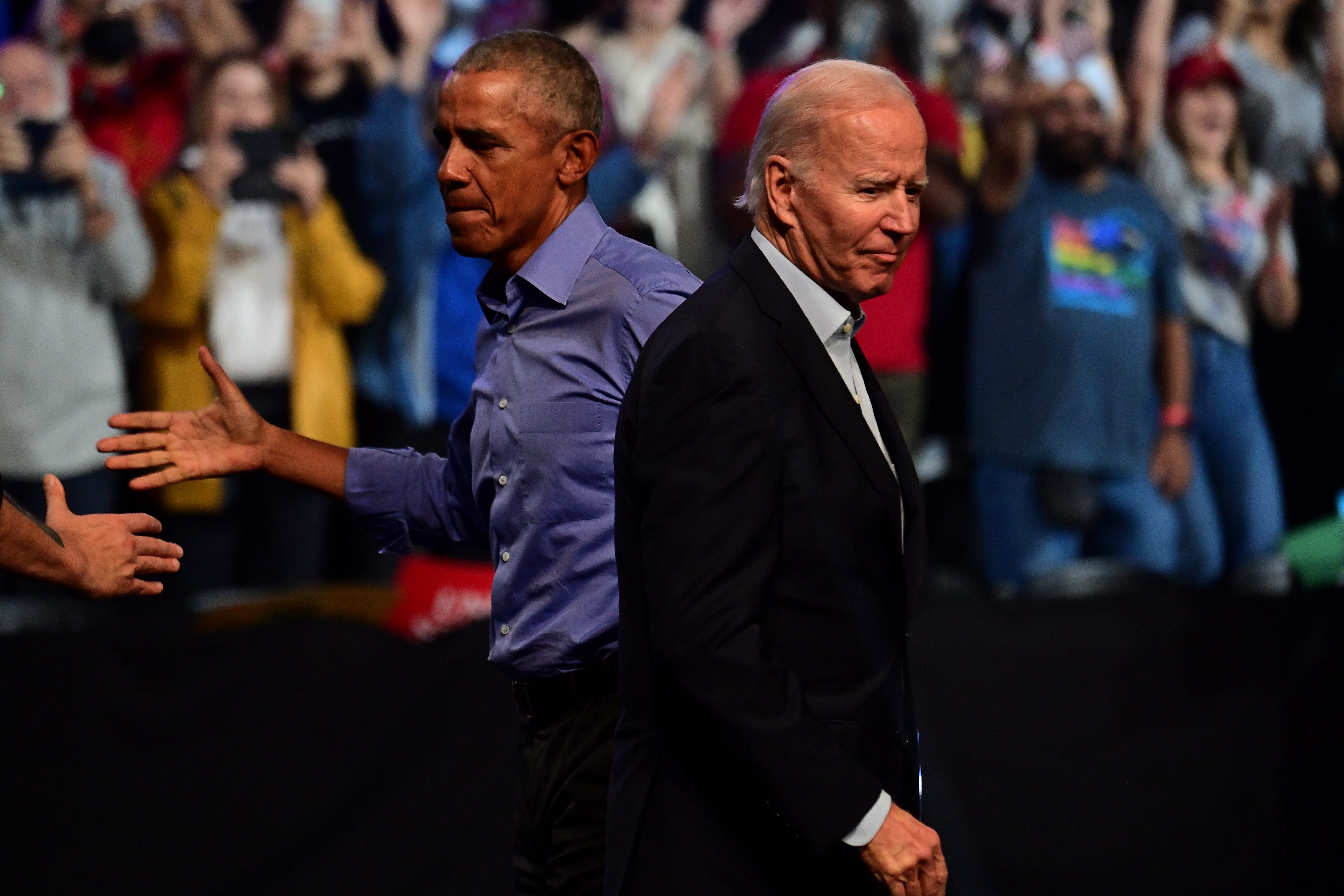 A photo of President Joe Biden and former President Barack Obama at a 2022 fundraiser.