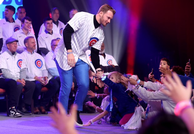 Left fielder Ian Happ is introduced during the opening ceremony of the Cubs Convention on Jan. 12, 2024, at the Sheraton Grand Chicago. (Chris Sweda/Chicago Tribune)