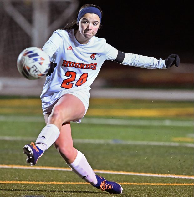 Naperville North's Reagan O'Malley (24) during the 1st half of Monday's game at Fremd, March 18, 2024. The game ended in a scoreless tie. (Brian O'Mahoney for the Naperville Sun)