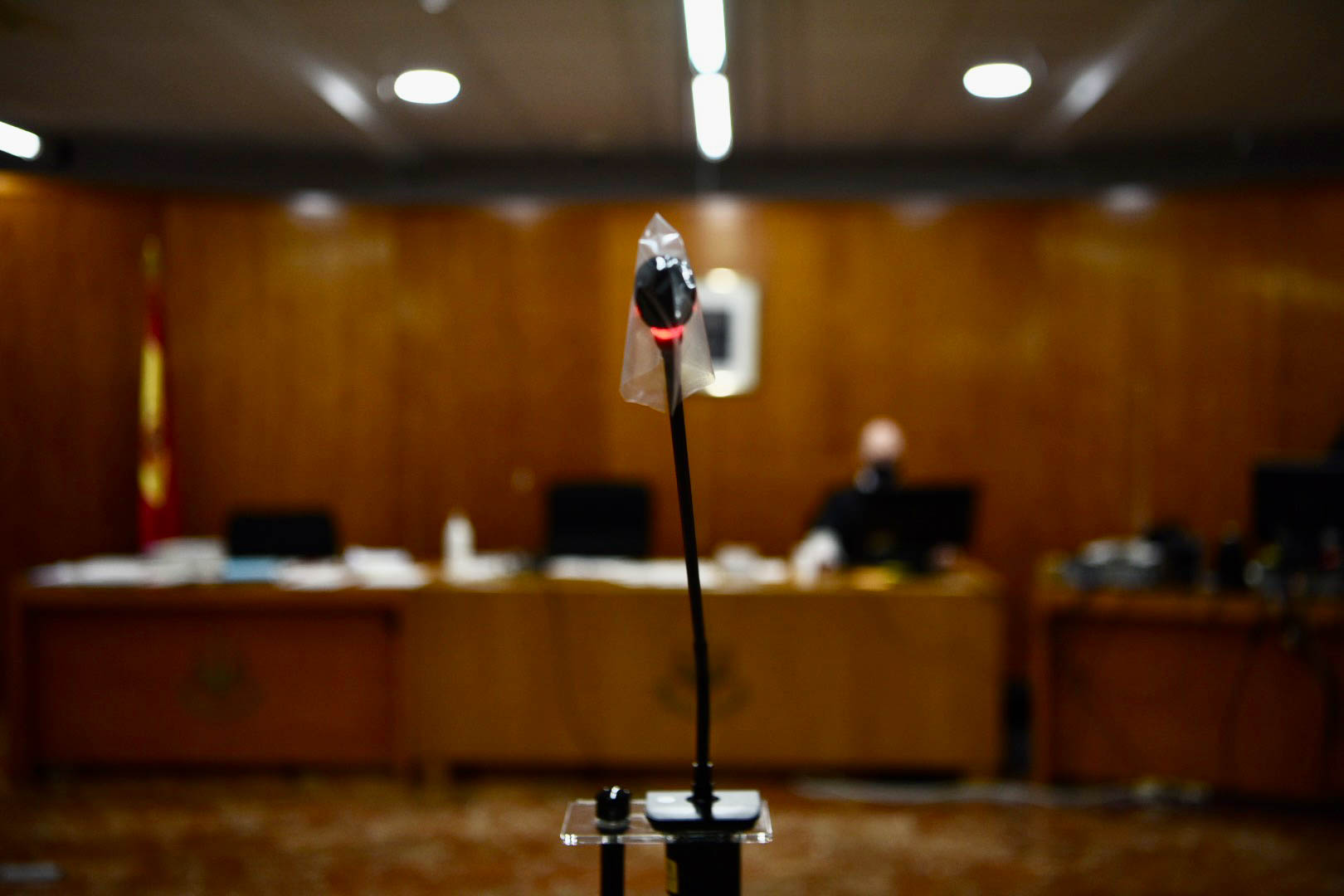 A microphone in a courtroom.