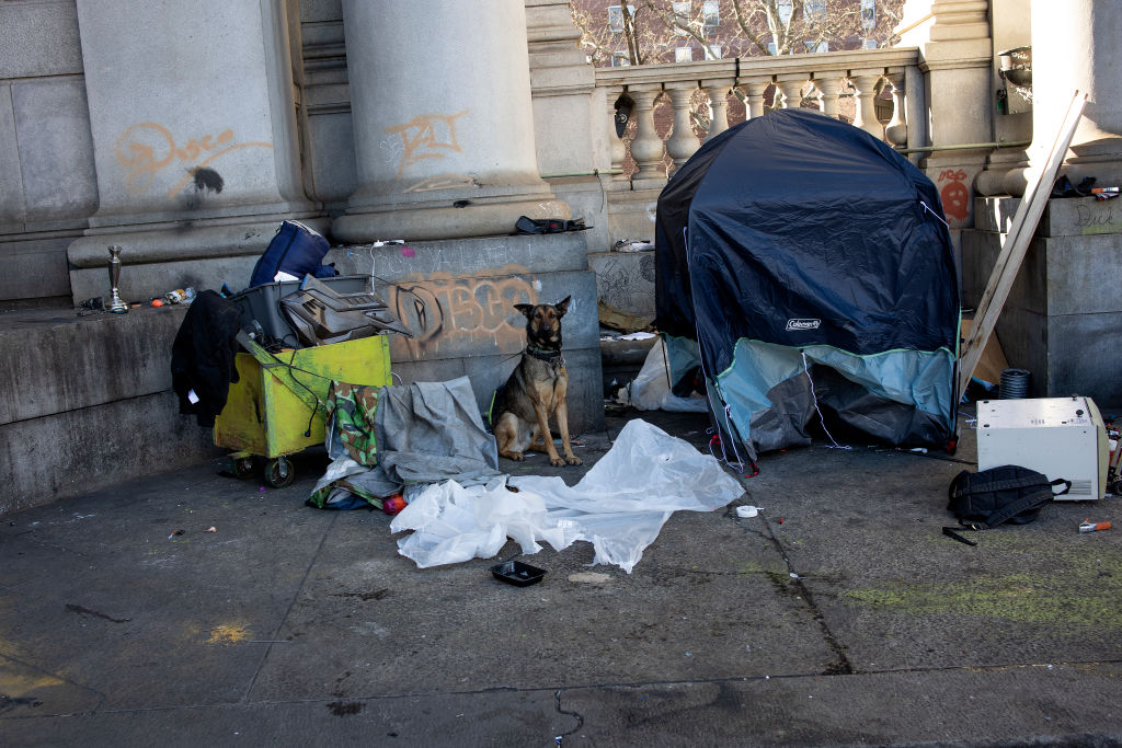 A small homeless encampment near the Manhattan Bridge, with a makeshift tent and a dog.