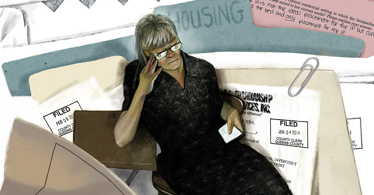 An illustration of a weary elderly woman with piles of legal papers in the background.