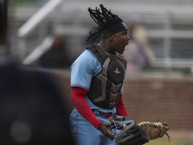 Sir Jamison Jones (54) reacts after St. Rita escapes a jam in the top of the sixth inning against Brother Rice during a Catholic League Blue game in Chicago on Tuesday, May 2, 2023.