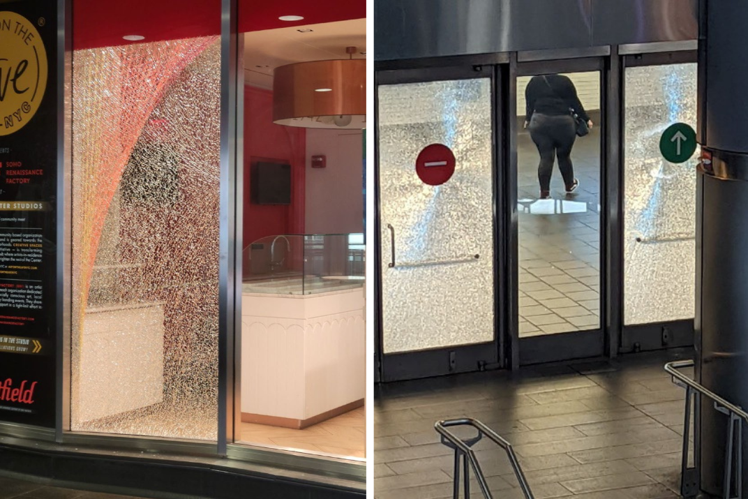 Side by side photos of shattered windows inside a subway station.
