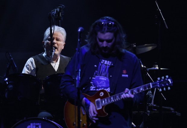 Don Henley, left, and Deacon Frey perform "One of These Nights" with the Eagles at the United Center, March 8, 2024, in Chicago. (John J. Kim/Chicago Tribune)