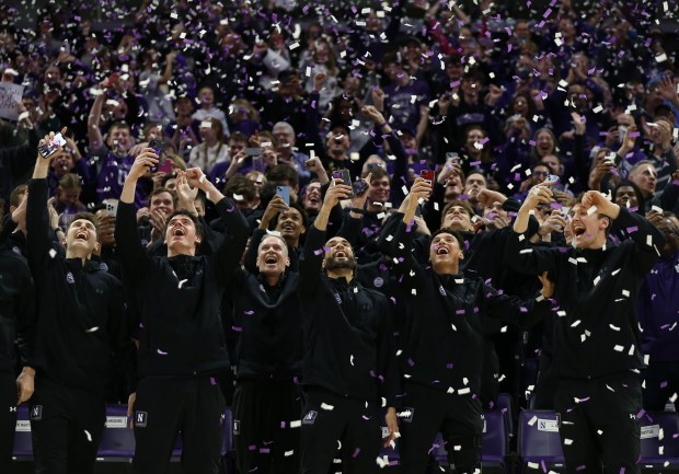 The Northwestern Men's basketball team celebrates during a NCAA selection show watch party at Welsh-Ryan Arena in Evanston on Sunday, March 17, 2024. The Northwestern Wildcats will face Florida Atlantic University in the first round of the NCAA Tournament. (Trent Sprague/Chicago Tribune)