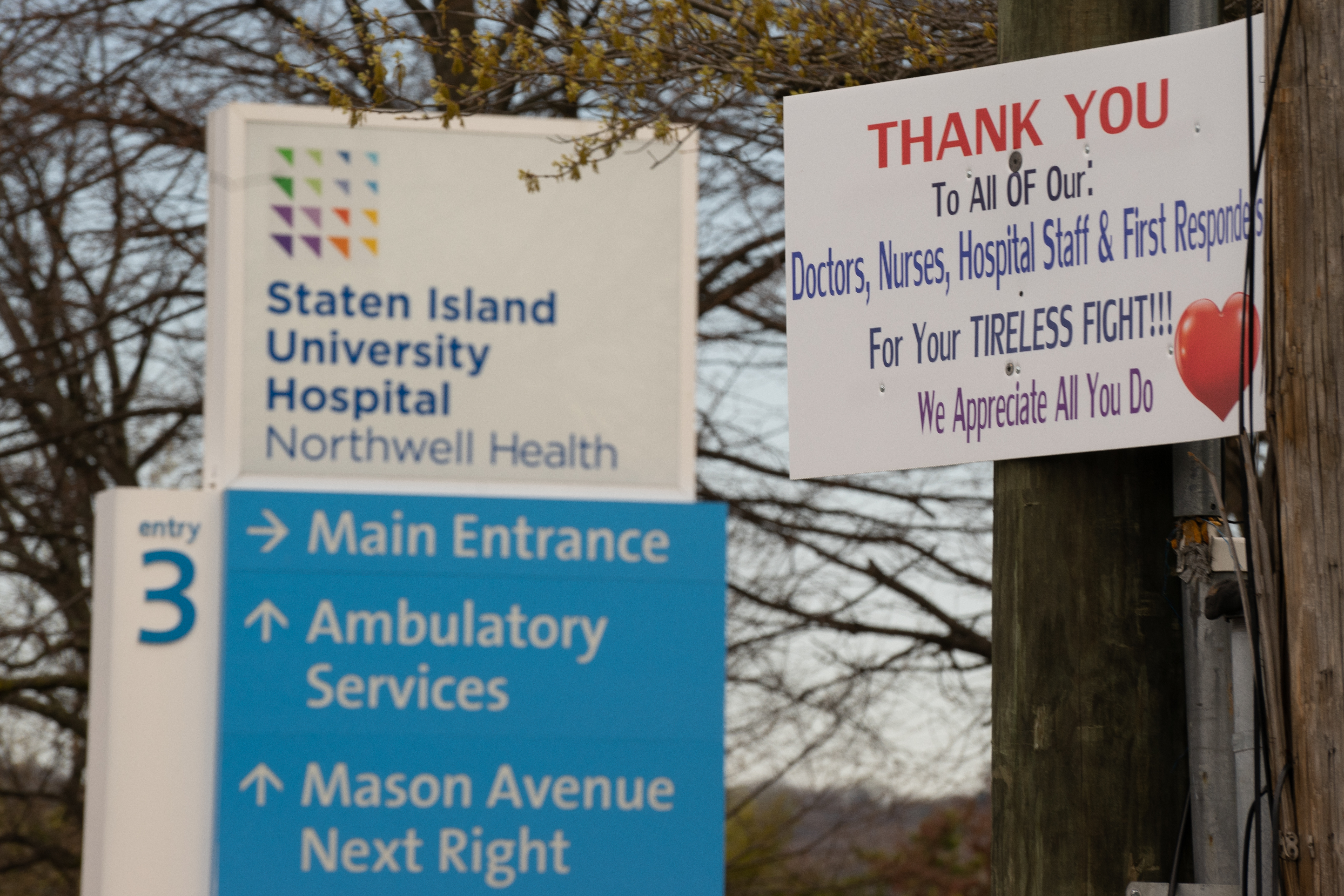 Signs outside Northwell Health's Staten Island University Hospital seen on April 15, 2020.